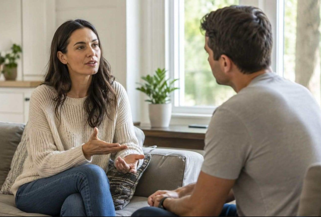 Two adults having a thoughtful conversation about personal boundaries at home
