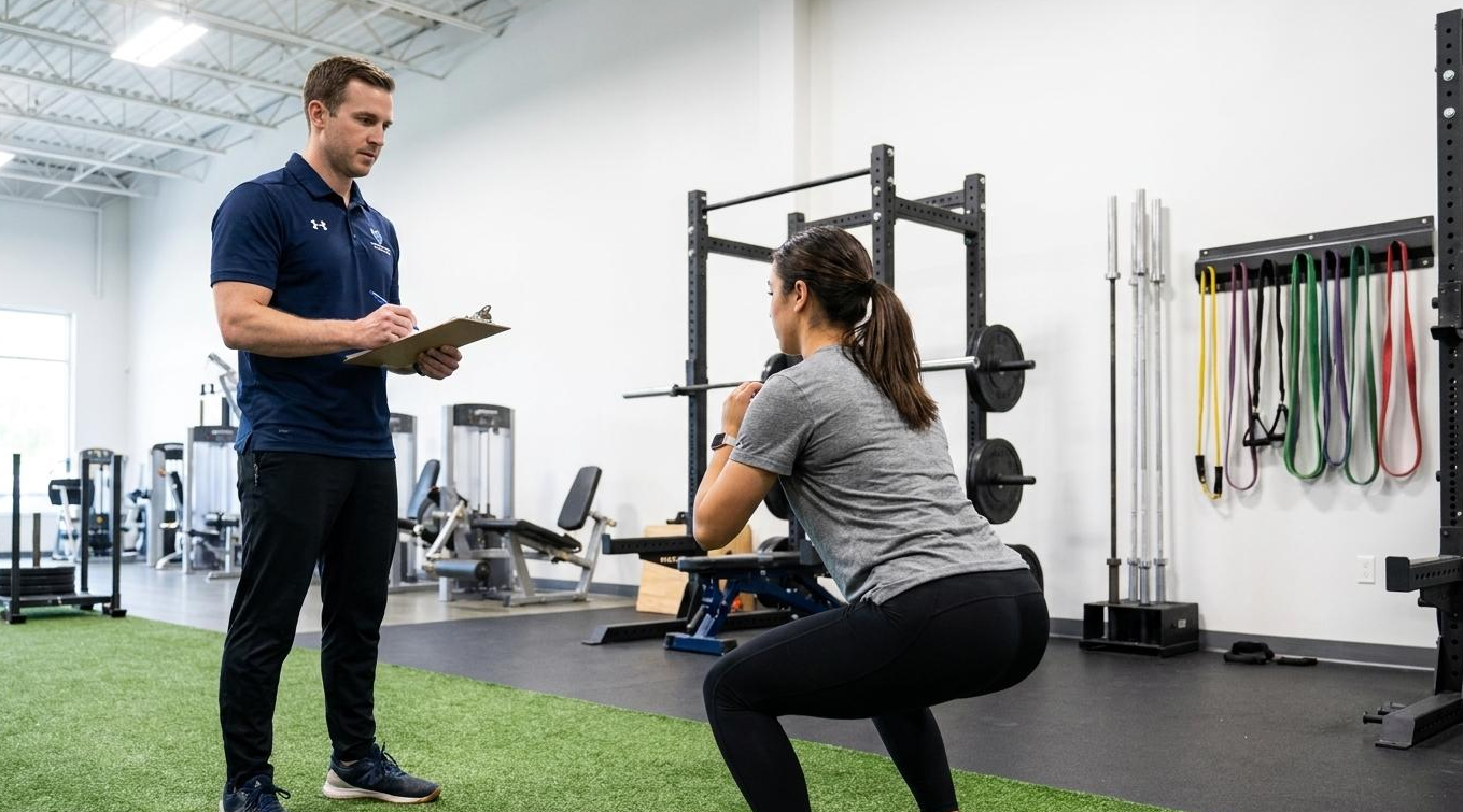 Personal trainer observing a client performing a squat and coaching movement technique.
