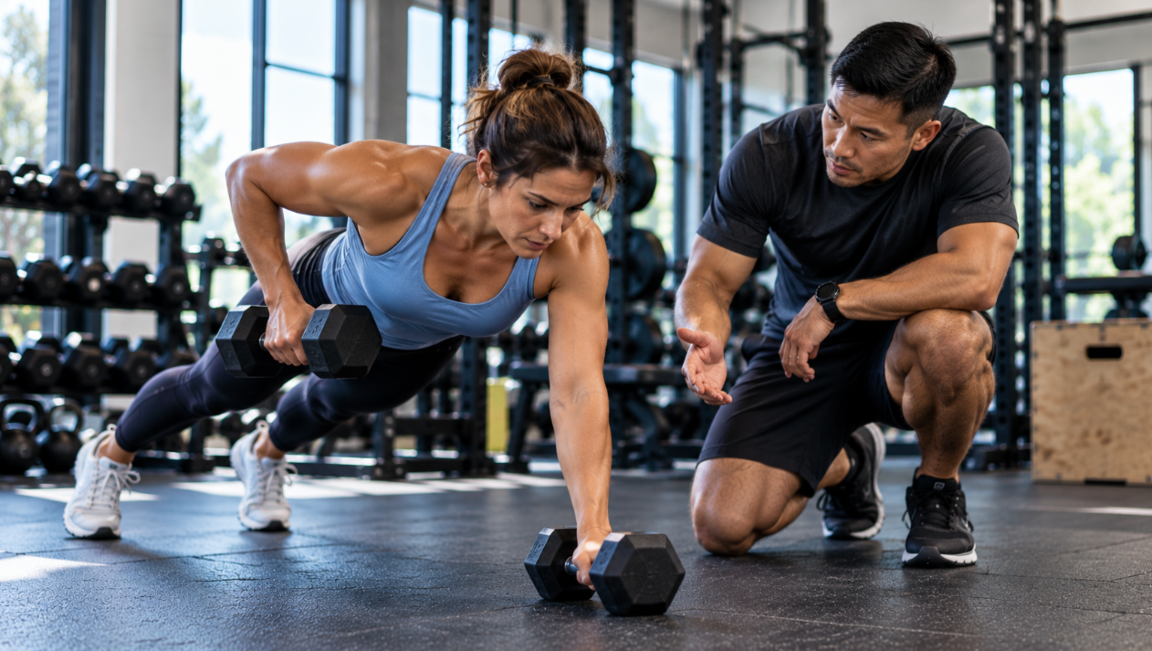 personal trainer instructing client form.